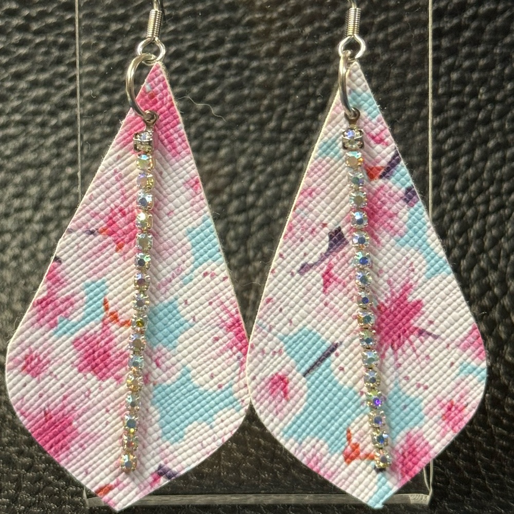 Floral Pink and Blue Faux Leather Earrings